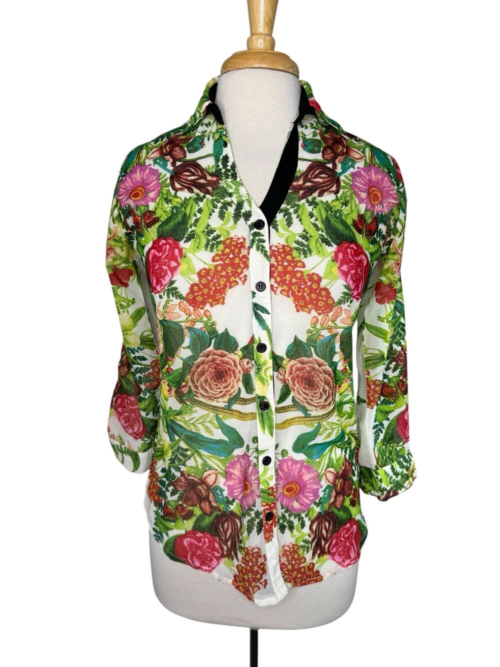ALBERTO MAKALI English Rose Garden Sheer Button Up Blouse Size Small Womens